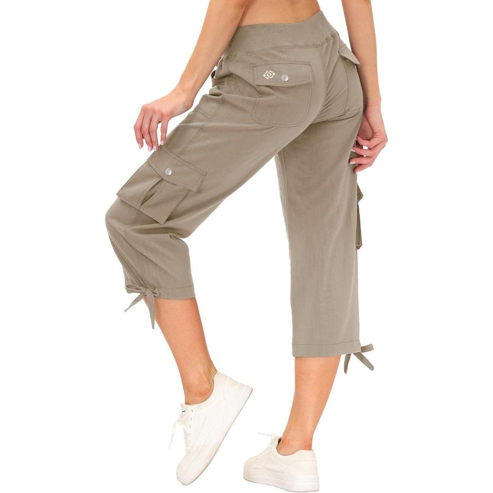 imageMoFiz Womens Cargo Capris Hiking Pants Lightweight Quick Dry Outdoor Athletic Travel Casual Loose Comfy Cute Pockets3khaki