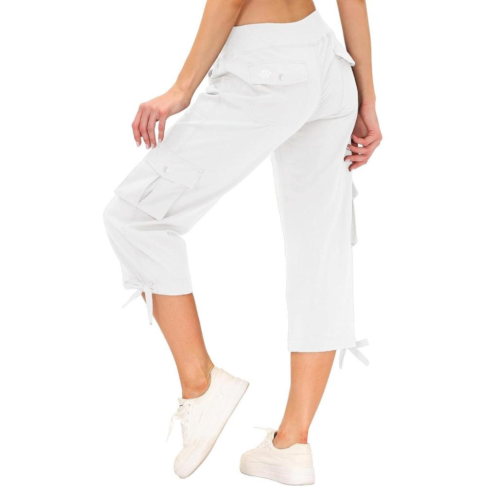 imageMoFiz Womens Cargo Capris Hiking Pants Lightweight Quick Dry Outdoor Athletic Travel Casual Loose Comfy Cute Pockets9rice White