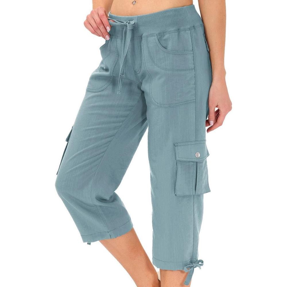imageMoFiz Womens Cargo Capris Hiking Pants Lightweight Quick Dry Outdoor Athletic Travel Casual Loose Comfy Cute PocketsGrey Blue
