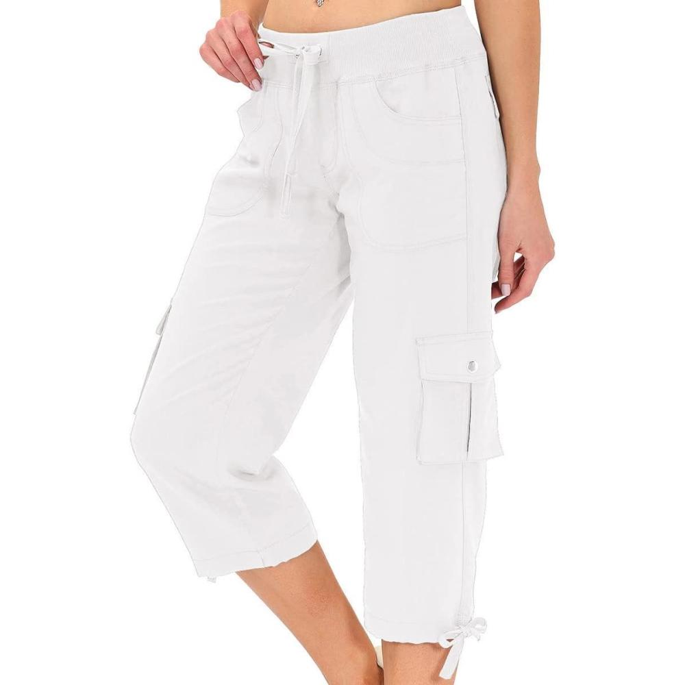 imageMoFiz Womens Cargo Capris Hiking Pants Lightweight Quick Dry Outdoor Athletic Travel Casual Loose Comfy Cute PocketsWhite