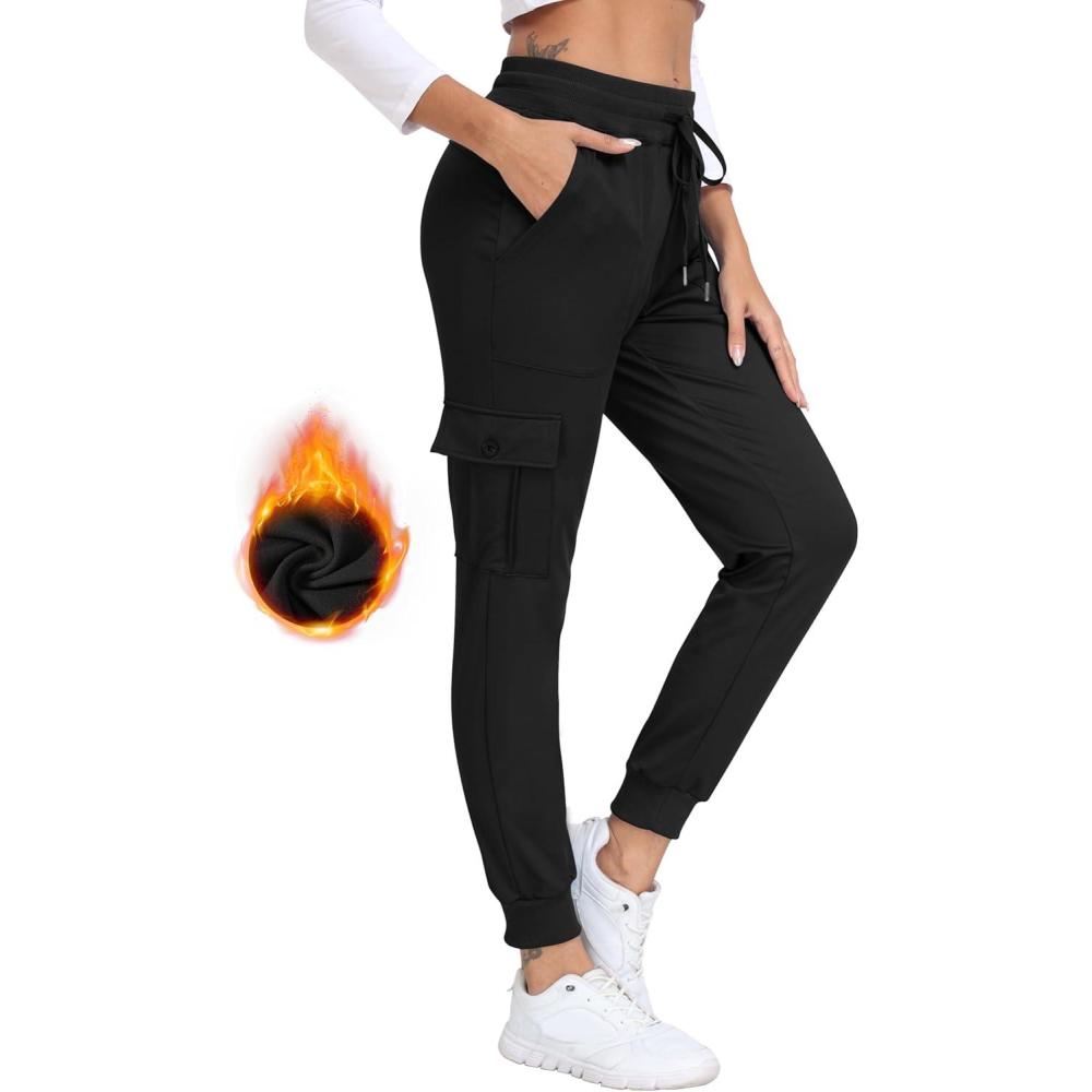 imageMoFiz Womens Fleece Cargo Joggers Hiking Pants High Waisted Thermal Outdoor Sweatpants for Women with PocketsBlack