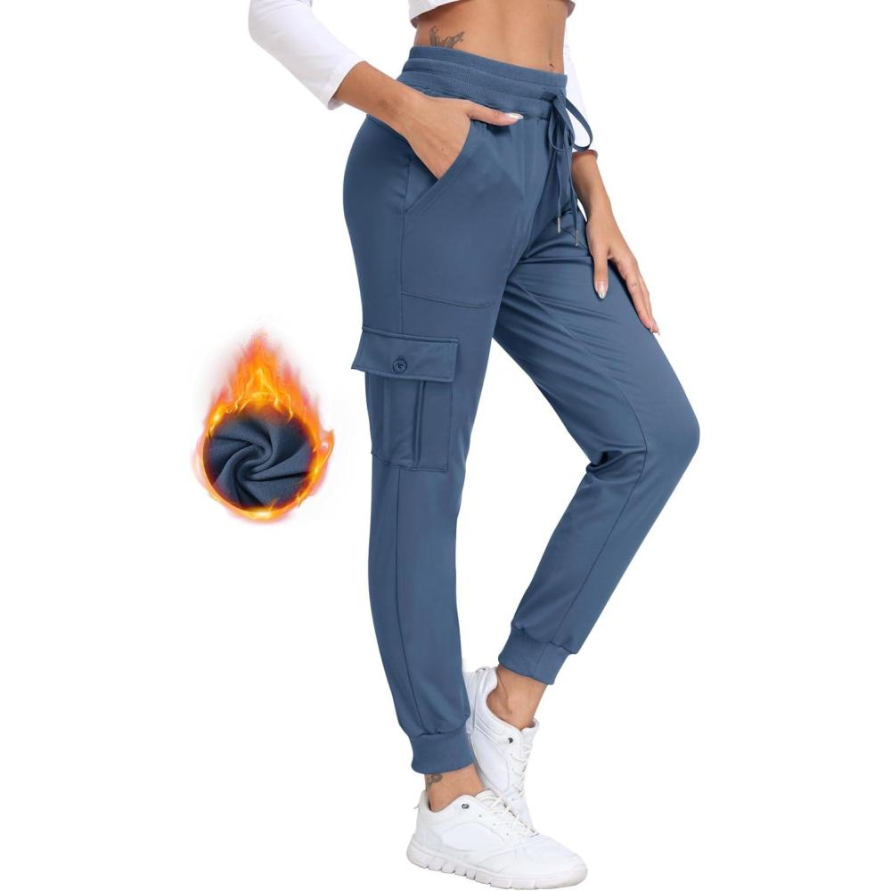 imageMoFiz Womens Fleece Cargo Joggers Hiking Pants High Waisted Thermal Outdoor Sweatpants for Women with PocketsBlue 01