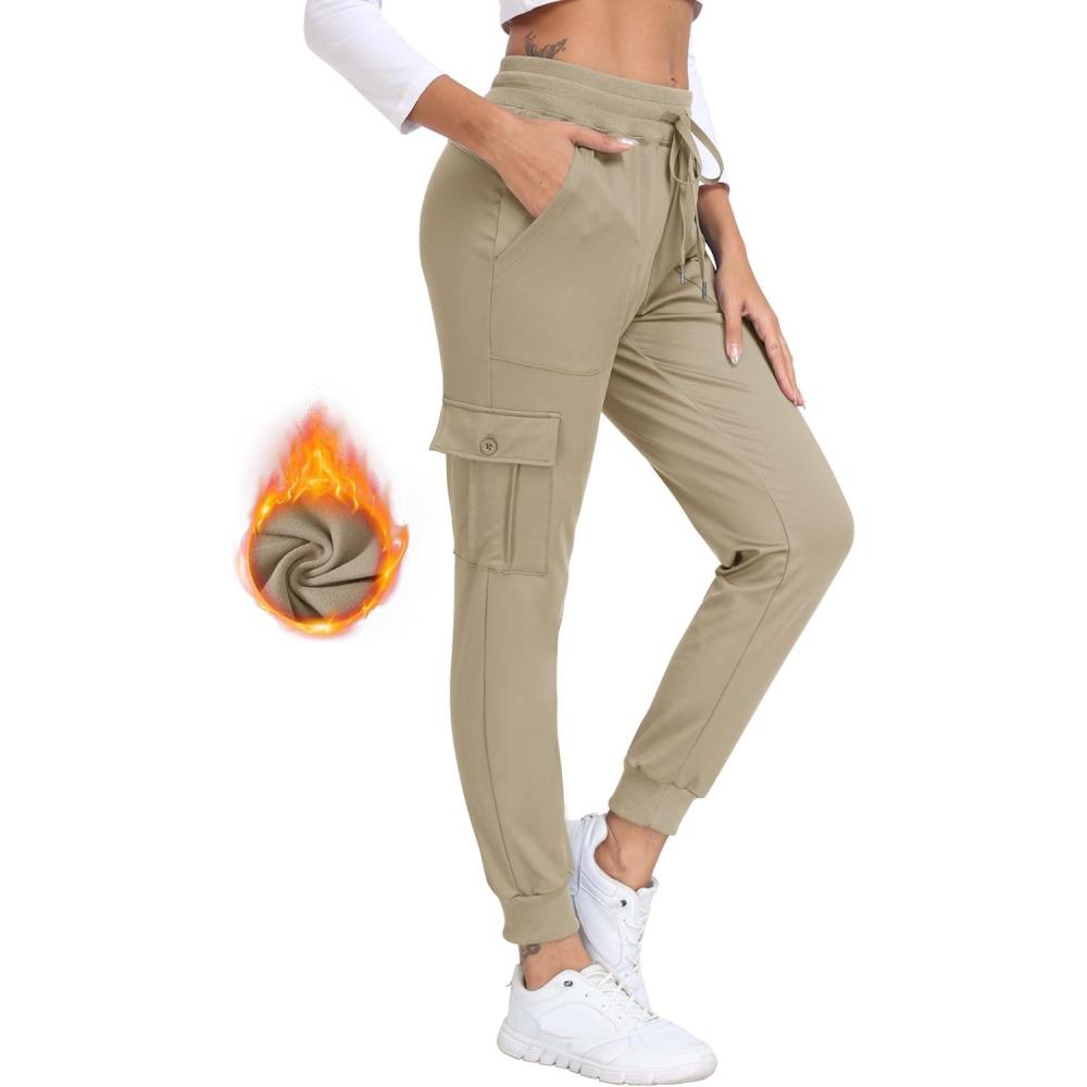 imageMoFiz Womens Fleece Cargo Joggers Hiking Pants High Waisted Thermal Outdoor Sweatpants for Women with PocketsKhaki