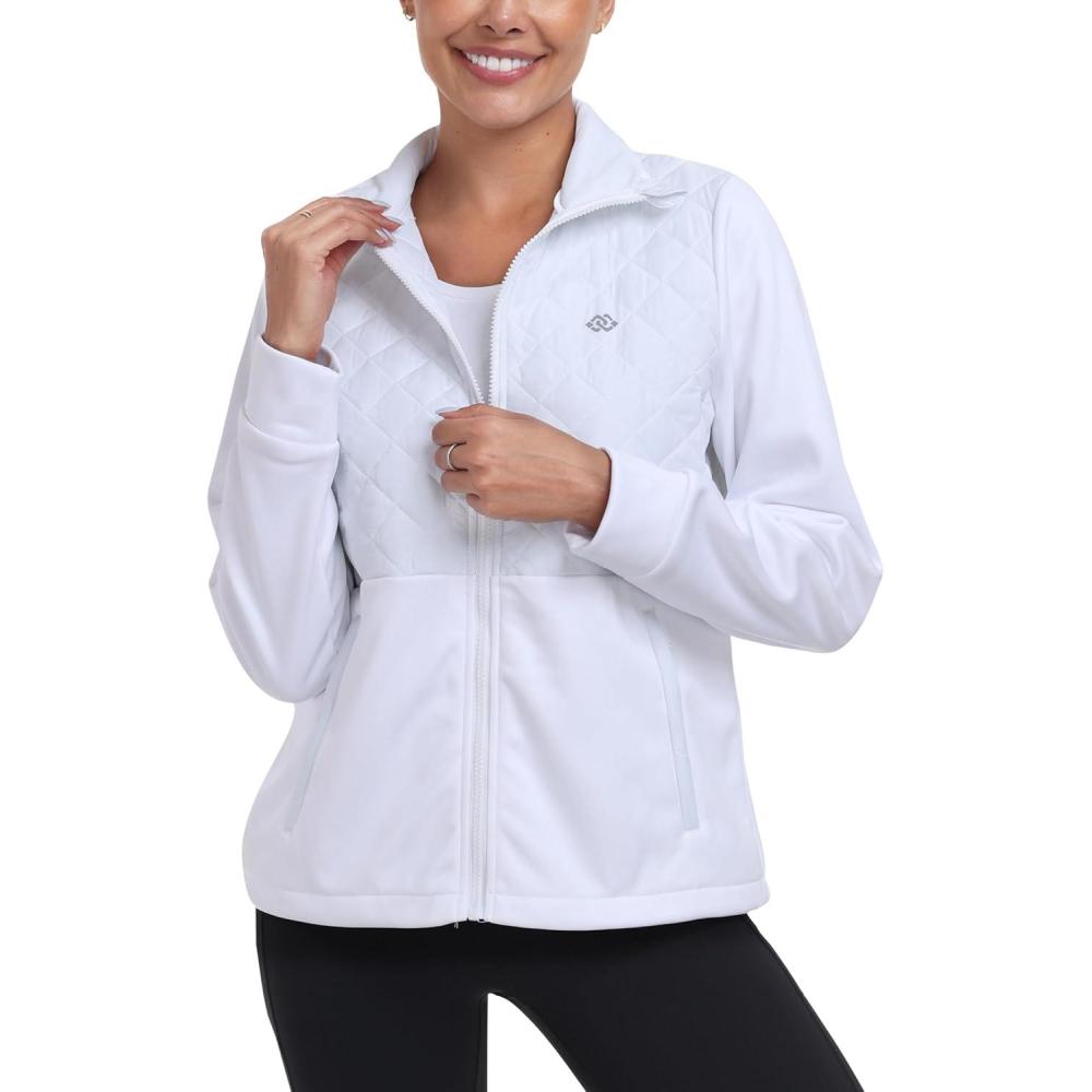 imageMoFiz Womens Fleece Lined Insulated Hiking Jacket Lightweight Warm Hybrid Softshell Full Zip Winter Fall Running CoatWhite 02