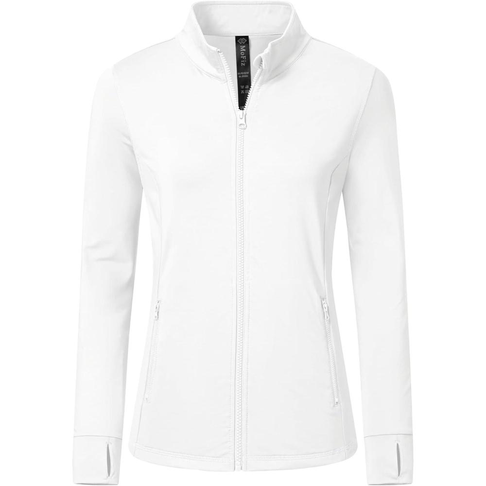 imageMoFiz Womens Full Zip up Athletic Jackets Fleece Lined Sports Running Track Jacket Stretchy Workout Tops with Pockets2024whitefleece