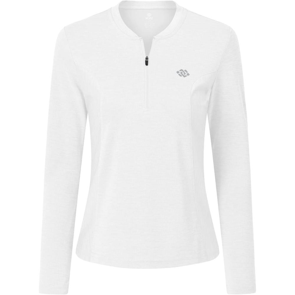 imageMoFiz Womens Golf Polo Shirt UPF 50 Sun Protection 14 Zip Long Sleeve Pullover Tops Quick Dry Athletic Sport TShirtWhite