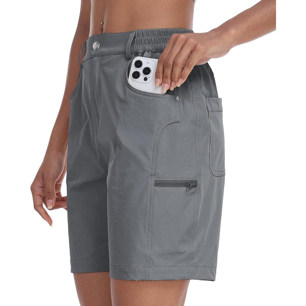 imageMoFiz Womens Golf Shorts 7quot Quick Dry Hiking Shorts Lightweight Bermuda Short for Women with Pockets Water ResistantLight Grey