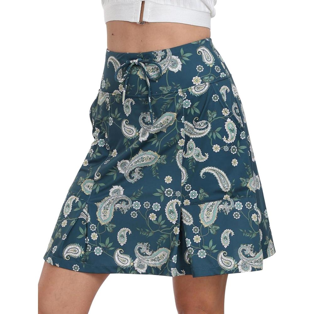 imageMoFiz Womens Golf Skirts Knee Length Drawstring Athletic Tennis Skort Modest Long Sport Active Casual Summer Skirt PocketsGreenpattern