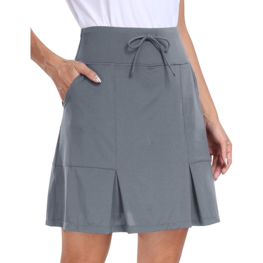 imageMoFiz Womens Golf Skirts Knee Length Drawstring Athletic Tennis Skort Modest Long Sport Active Casual Summer Skirt PocketsGrey