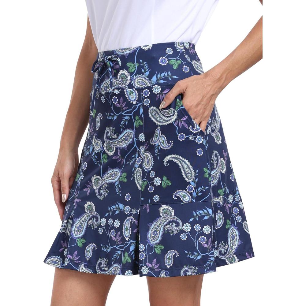 imageMoFiz Womens Golf Skirts Knee Length Drawstring Athletic Tennis Skort Modest Long Sport Active Casual Summer Skirt PocketsNavypattern