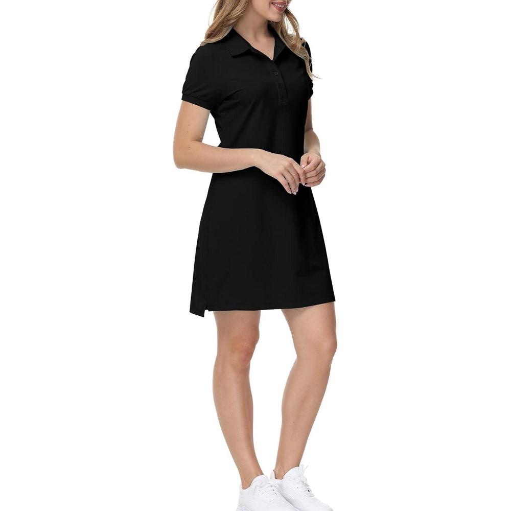 imageMoFiz Womens Golf Tennis Dress Sports Polo Dress Short Sleeve Quick Dry Casual Workwear ButtonBlack