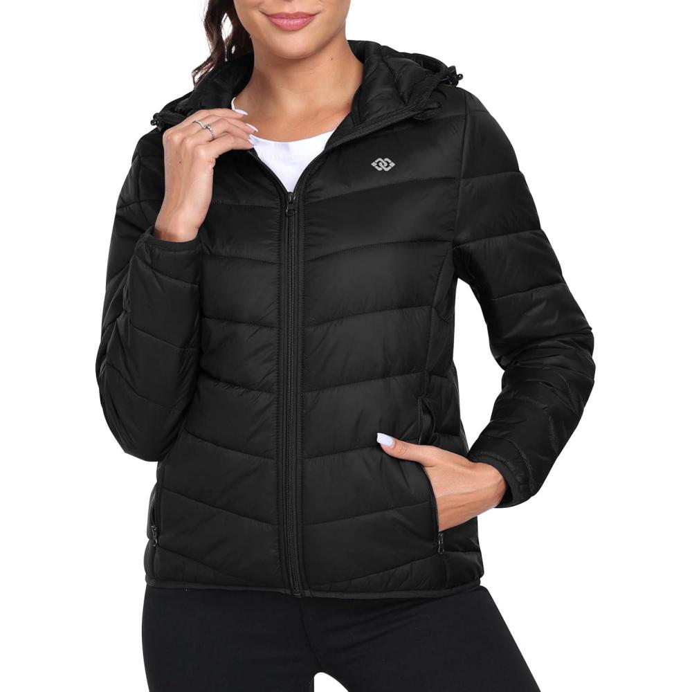 imageMoFiz Womens Hooded Puffer Jacket Lightweight Quilted Coat 4 Pockets Full Zip Winter Warm OuterwearBlack