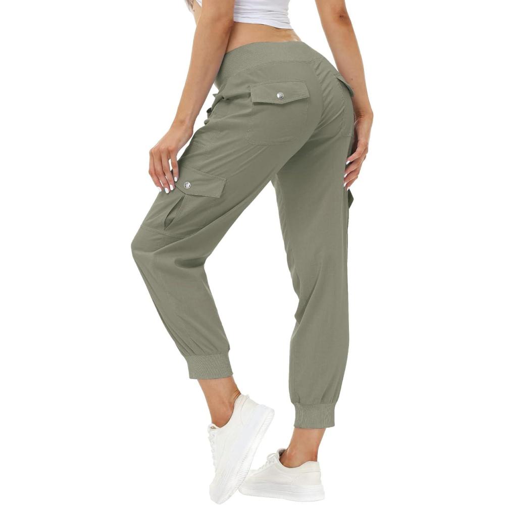 imageMoFiz Womens Lightweight Hiking Cargo Pants Outdoor Quick Dry Casual Travel Sweatpants Joggers Elastic Waist Button PocketsA04grey Khaki