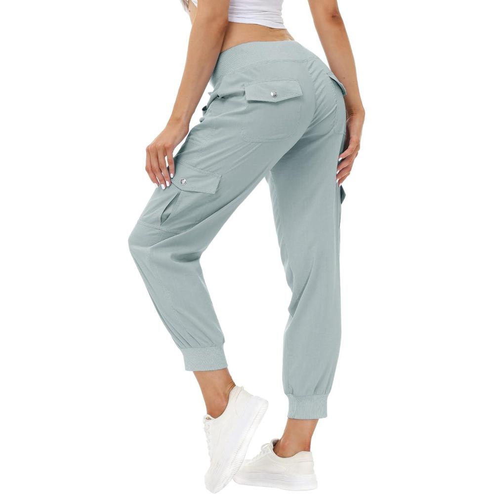 imageMoFiz Womens Lightweight Hiking Cargo Pants Outdoor Quick Dry Casual Travel Sweatpants Joggers Elastic Waist Button PocketsA18light Grey