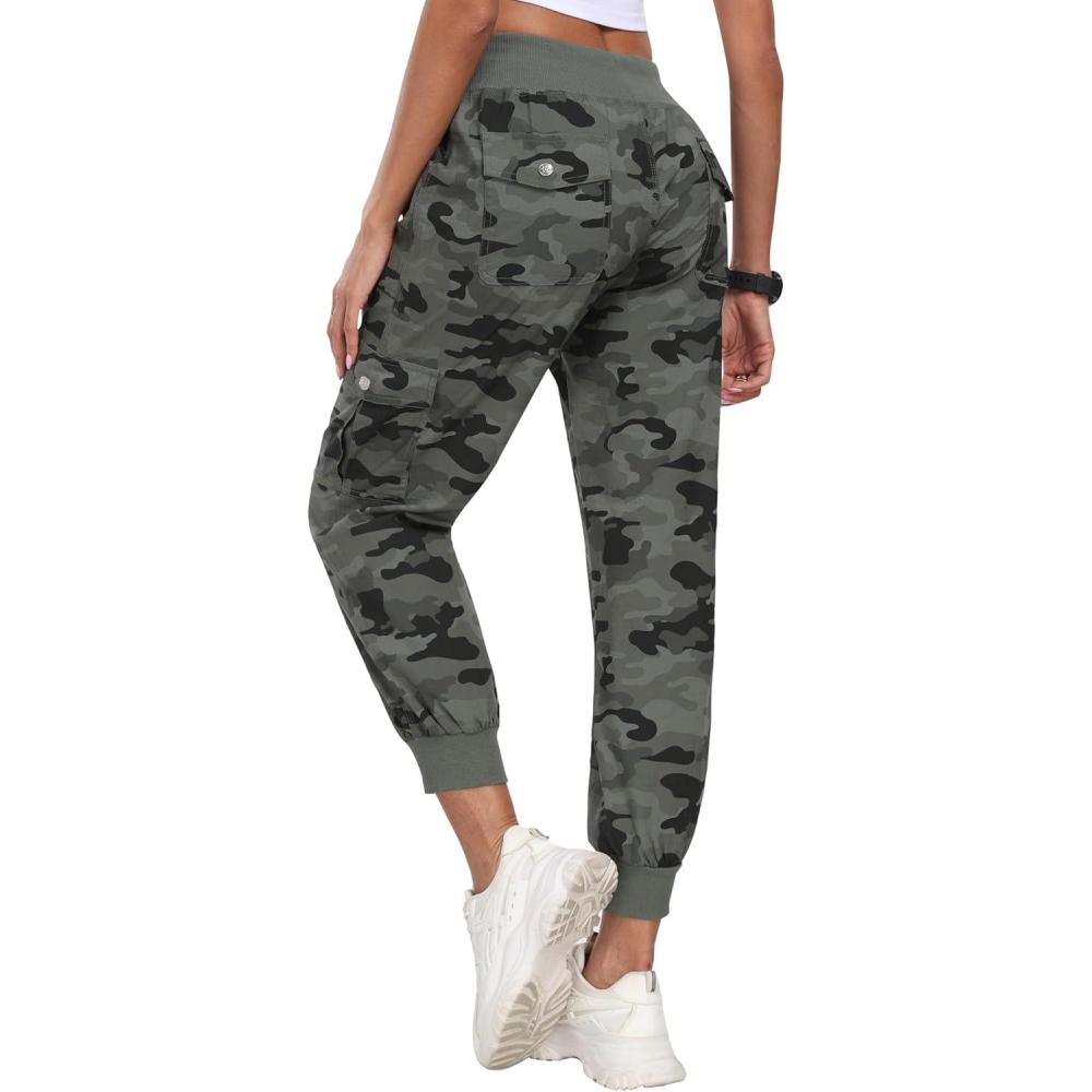 imageMoFiz Womens Lightweight Hiking Cargo Pants Outdoor Quick Dry Casual Travel Sweatpants Joggers Elastic Waist Button PocketsA20camouflage Green