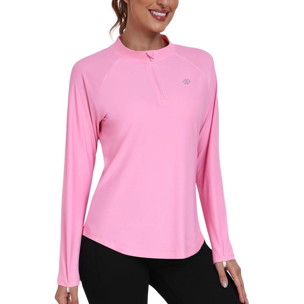 imageMoFiz Womens Long Sleeve Golf Polo Shirt 14 Zip UPF 50 Sun Protection Quick Dry Lightweight Athletic Hiking Running TopsPink