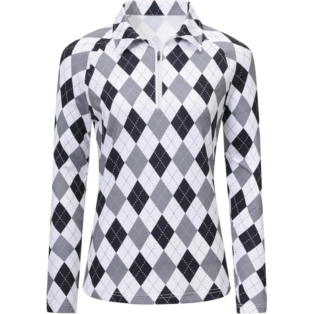 imageMoFiz Womens Long Sleeve Golf Polo Shirt ZipUp Quick Dry Activewear Tennis Shirts Athletic Casual Tops with CollarAblack Grey Plaid