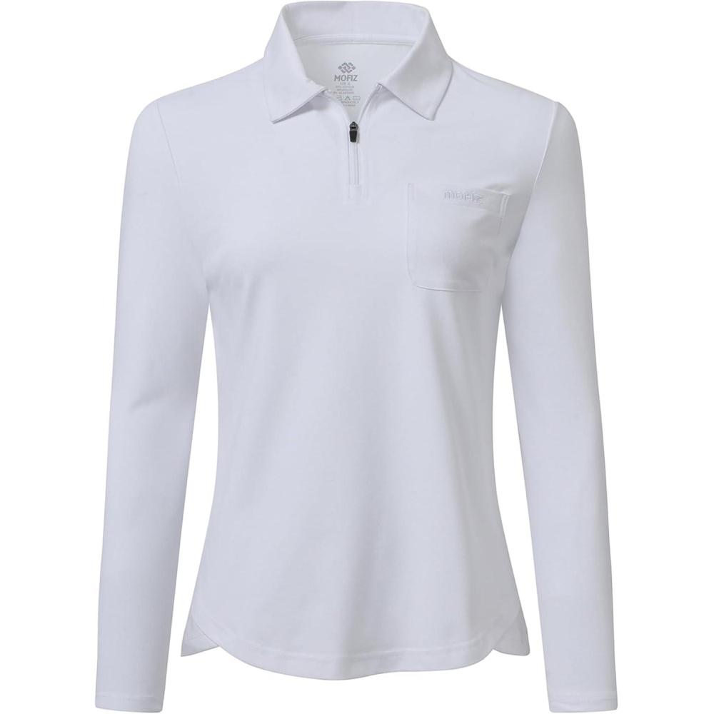 imageMoFiz Womens Long Sleeve Golf Polo Shirt ZipUp Quick Dry Activewear Tennis Shirts Athletic Casual Tops with CollarBwhite