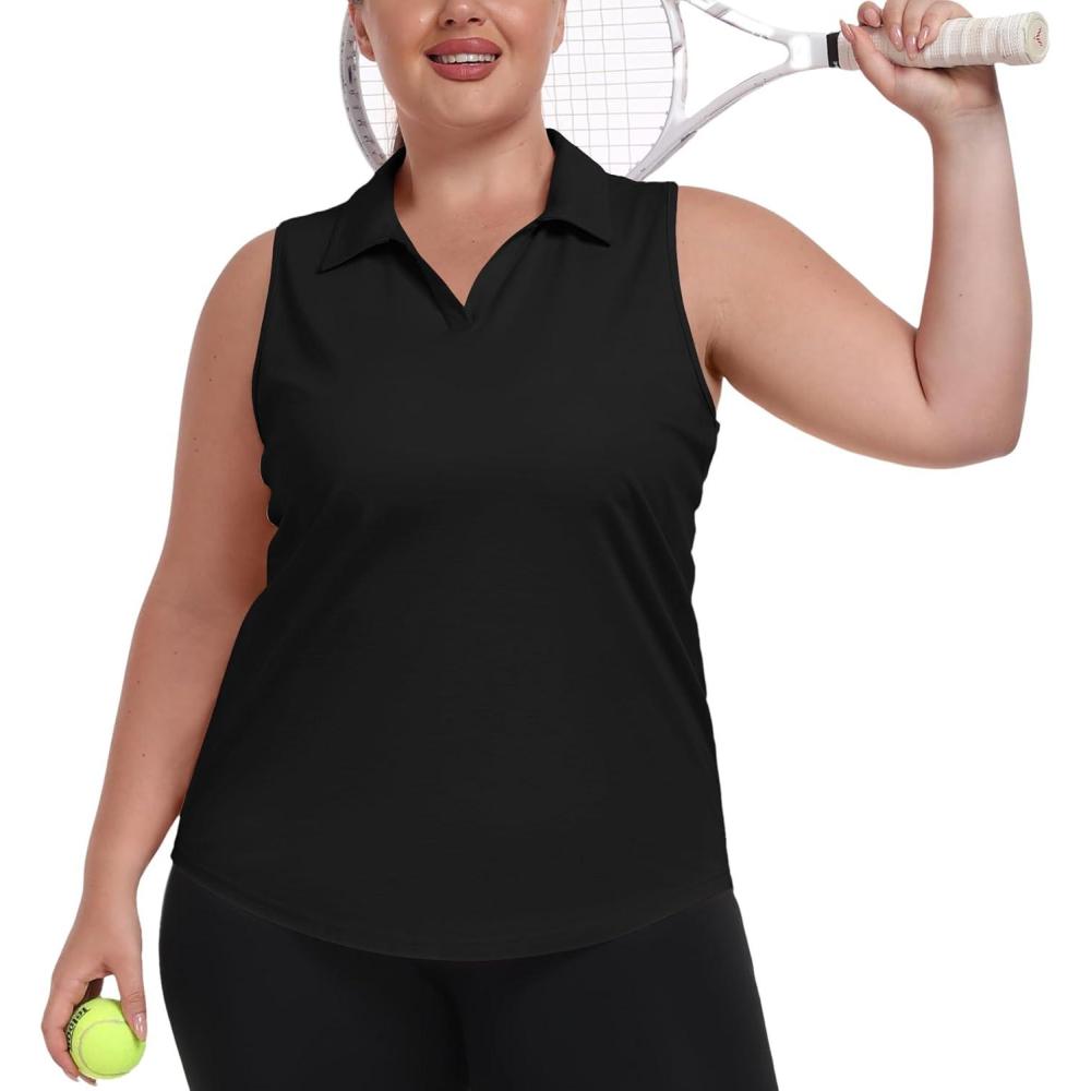 imageMoFiz Womens Plus Size Golf Polo Shirt Sleeveless Racerback Tennis Tank Tops VNeck Collared Loose Fit Athletic TShirtBlack