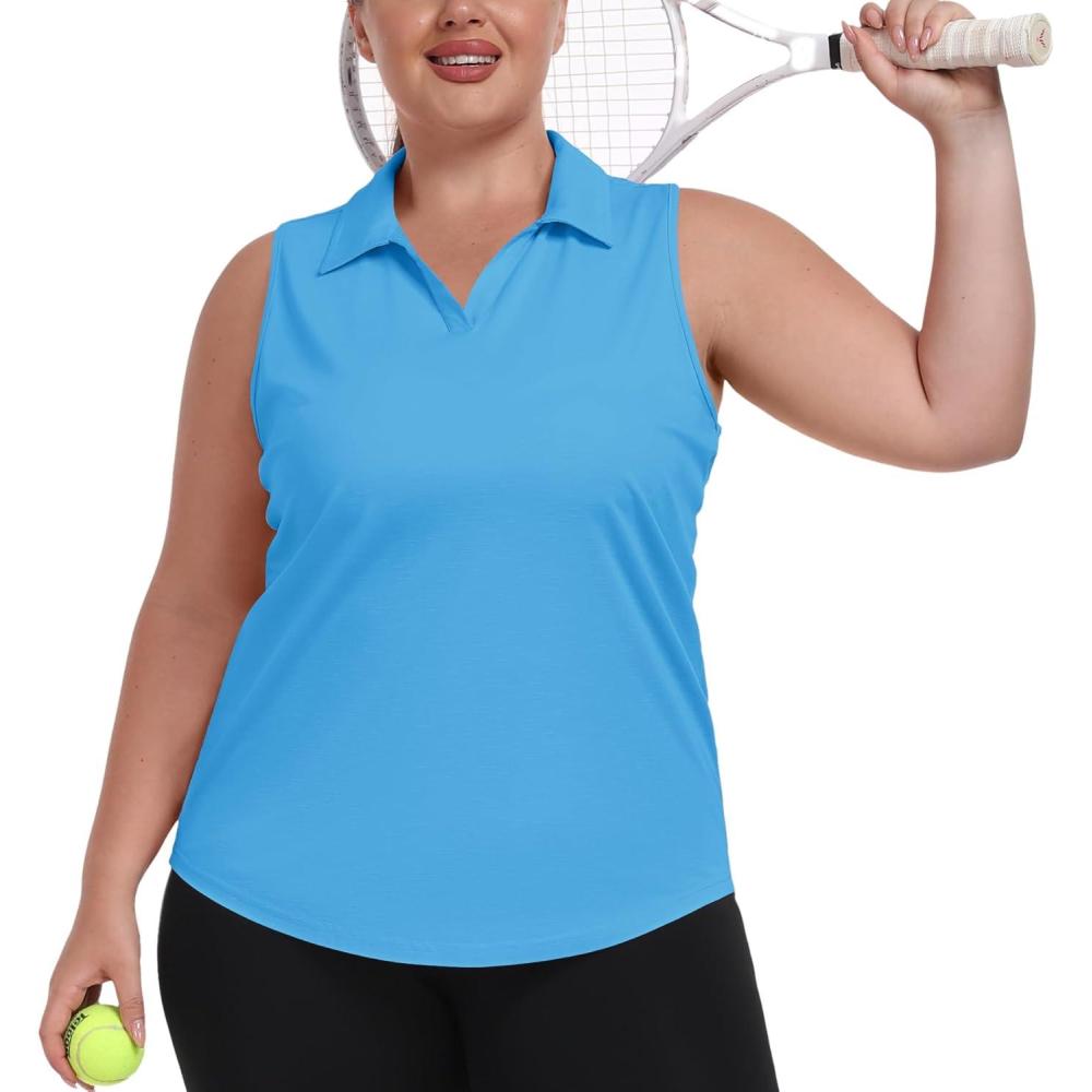 imageMoFiz Womens Plus Size Golf Polo Shirt Sleeveless Racerback Tennis Tank Tops VNeck Collared Loose Fit Athletic TShirtSky Blue