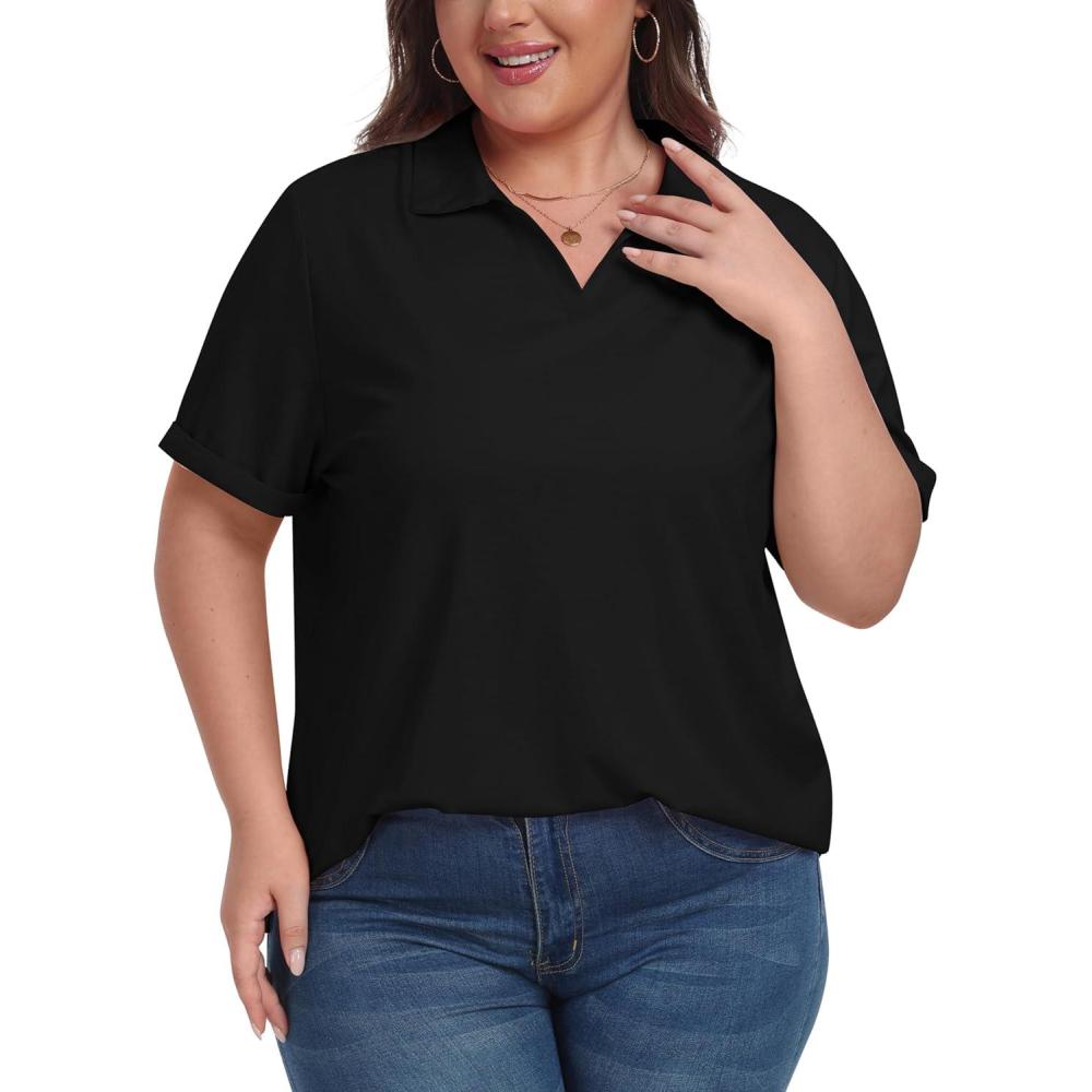imageMoFiz Womens Plus Size Golf Polo Shirts Loose Fit Short Sleeve VNeck Tennis Workouts Tops XL5XLBlack