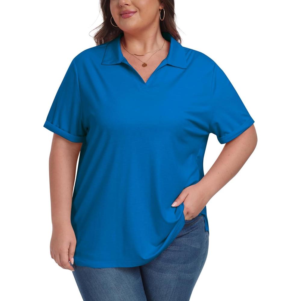 imageMoFiz Womens Plus Size Golf Polo Shirts Loose Fit Short Sleeve VNeck Tennis Workouts Tops XL5XLBlue