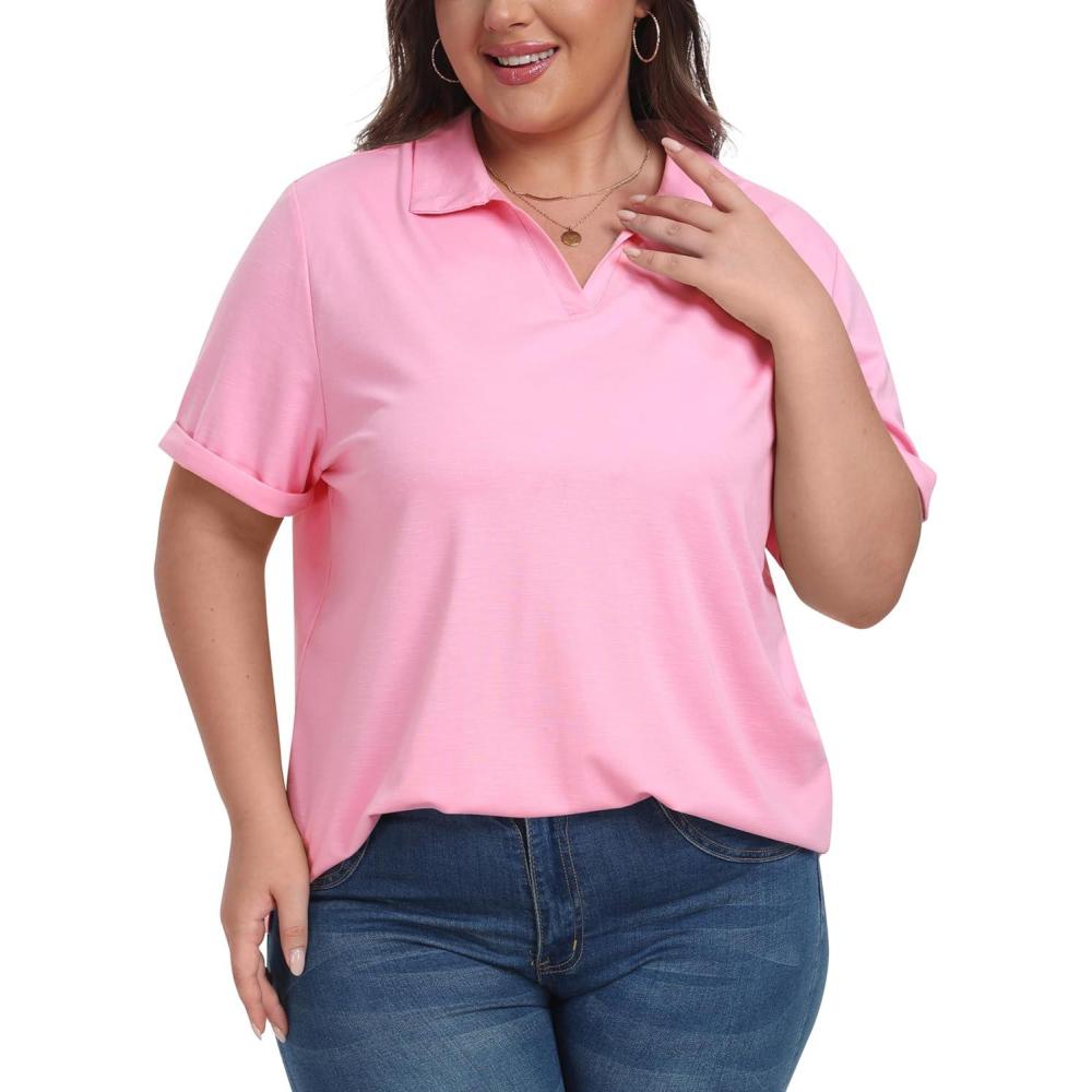 imageMoFiz Womens Plus Size Golf Polo Shirts Loose Fit Short Sleeve VNeck Tennis Workouts Tops XL5XLPink