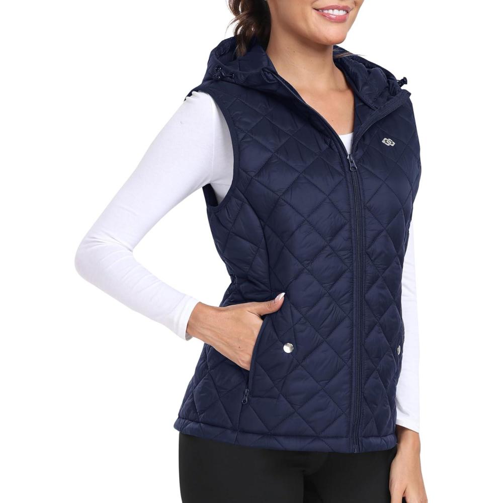 imageMoFiz Womens Puffer Vest Hooded Running Vests Sleeveless Lightweight Jacket Fall WinterNavy