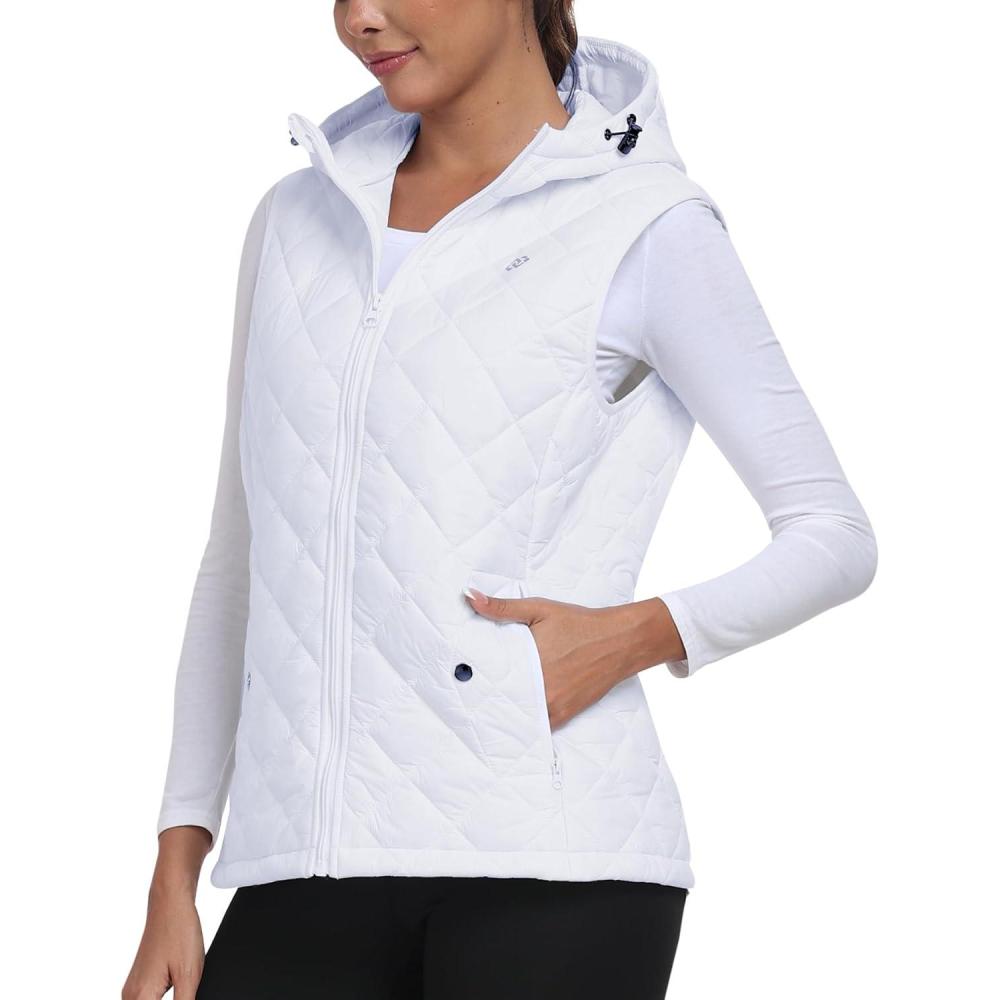 imageMoFiz Womens Puffer Vest Hooded Running Vests Sleeveless Lightweight Jacket Fall WinterWhite