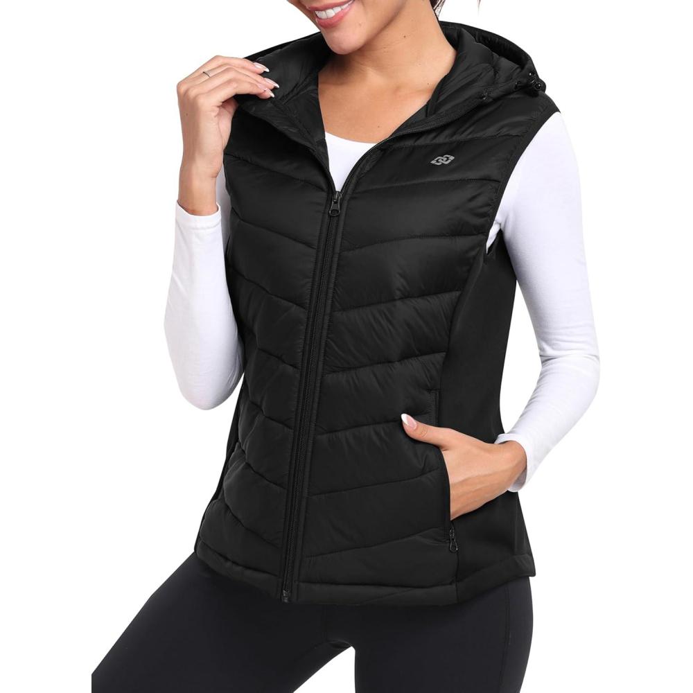 imageMoFiz Womens Puffer Vest Lightweight Hooded Warm Fleece Lined Hybrid Softshell Hiking Winter Sleeveless Zip Vest01 Black