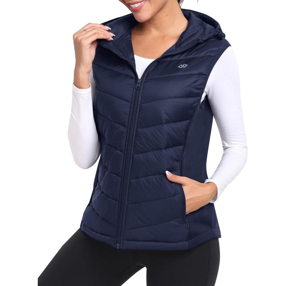 imageMoFiz Womens Puffer Vest Lightweight Hooded Warm Fleece Lined Hybrid Softshell Hiking Winter Sleeveless Zip Vest01 Navy Blue