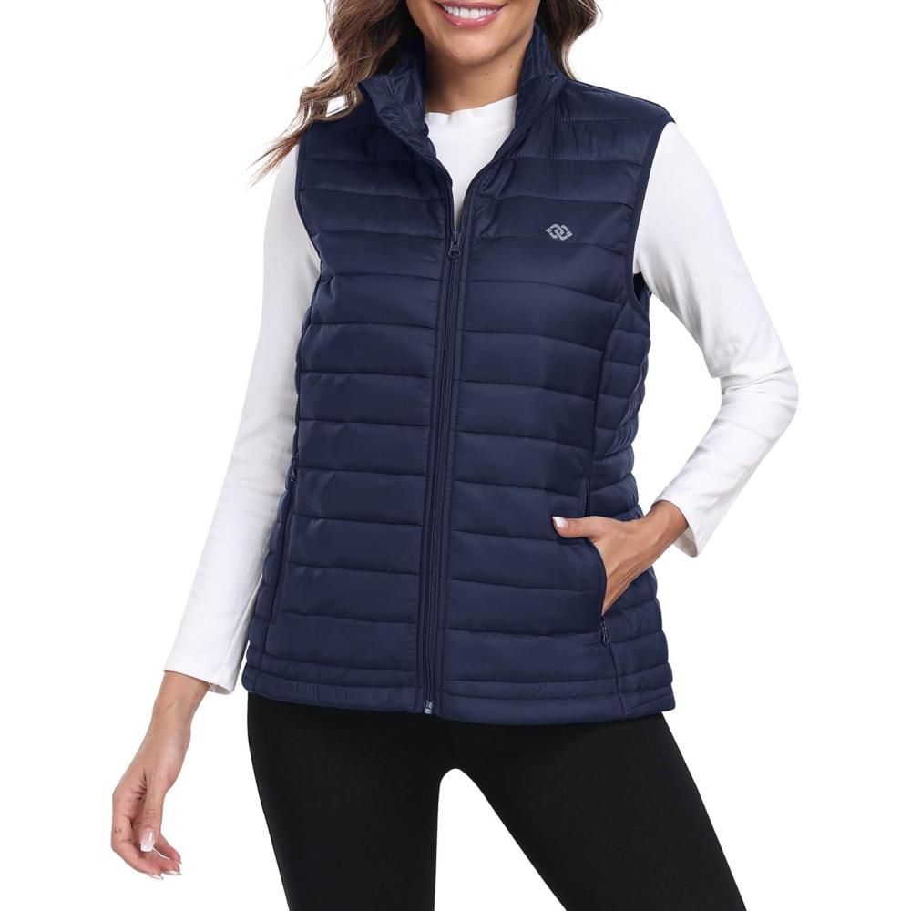 imageMoFiz Womens Puffer Vest Lightweight Hooded Warm Fleece Lined Hybrid Softshell Hiking Winter Sleeveless Zip Vest02 Navy Blue