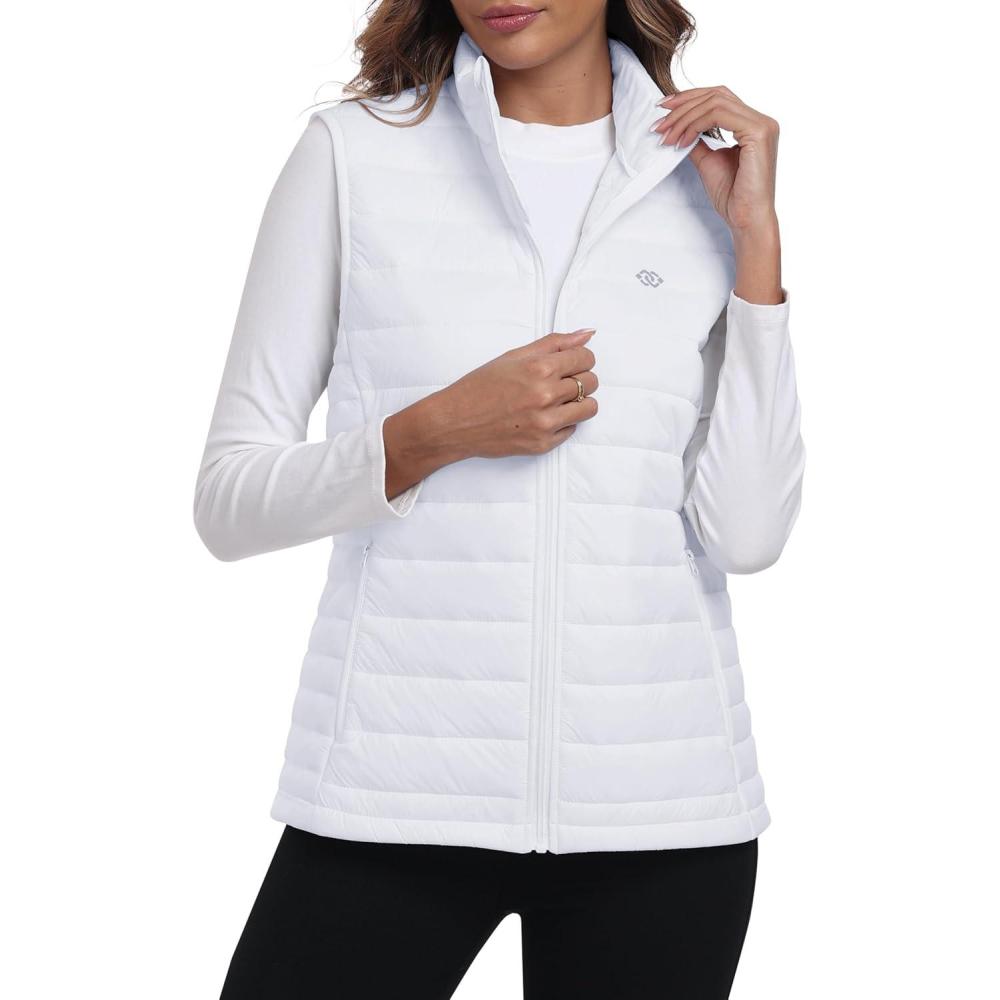 imageMoFiz Womens Puffer Vest Lightweight Hooded Warm Fleece Lined Hybrid Softshell Hiking Winter Sleeveless Zip Vest02 White