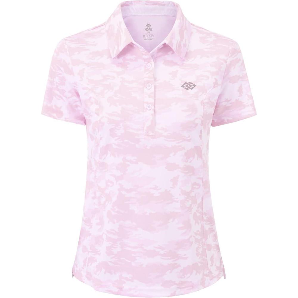 imageMoFiz Womens Short Sleeve Golf Polo Shirts Quick Dry Camo Lightweight UPF 50 Tennis Sports Athletic Tops CasualAcamopink