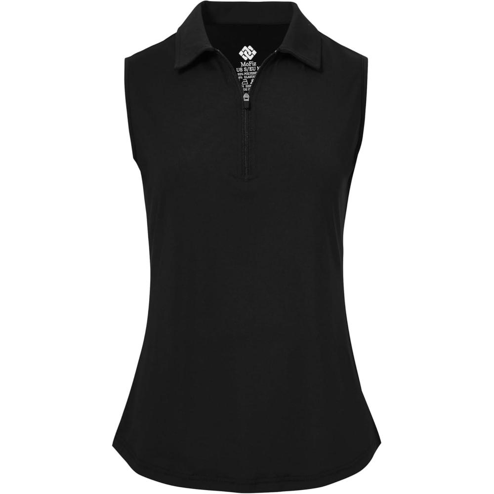 imageMoFiz Womens Sleeveless Golf Polo Shirts 14 Zip Floral Tennis Workout Golf Tank TopBlack