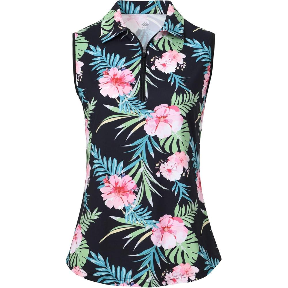 imageMoFiz Womens Sleeveless Golf Polo Shirts 14 Zip Floral Tennis Workout Golf Tank TopFloral3