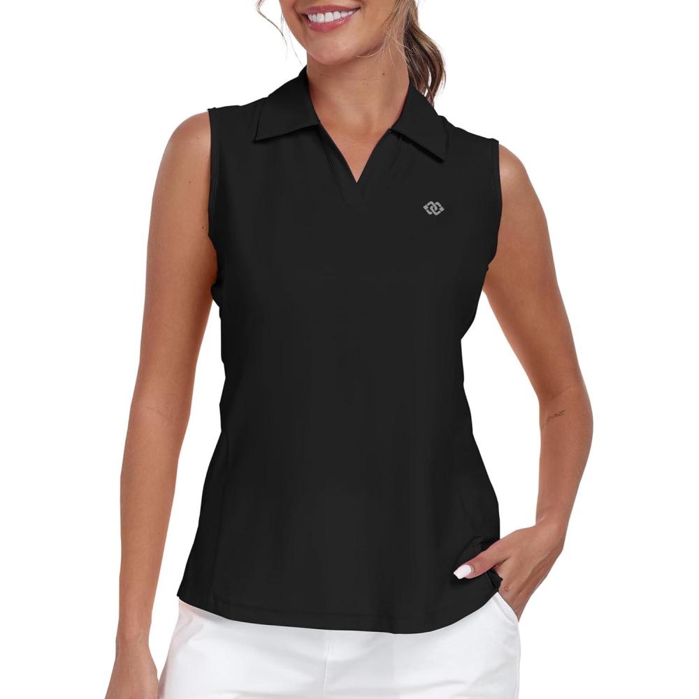 imageMoFiz Womens Sleeveless Golf Polo Shirts Tennis V Neck UPF 50 Quick Dry Lightweight Athletic Collared Tank TopsBlack 01