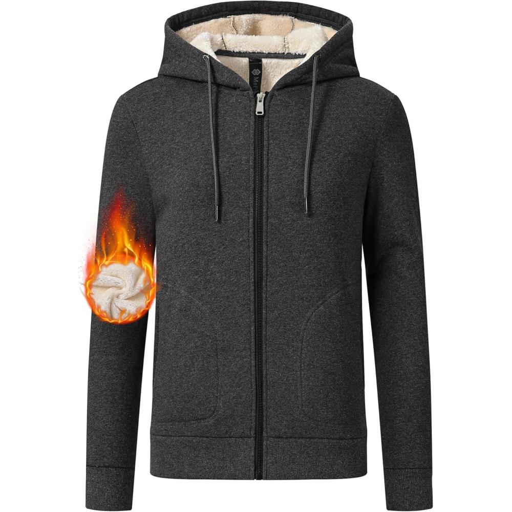 imageMoFiz Zip up Womens Hoodies Winter Fleece Sherpa Lined Sweatshirt Thick Warm Hooded Jacket with Zipper PocketsZgrey