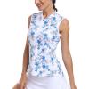 Golf Polo Shirts for Women Slim Fit Woman Sleeveless Sports Shirts Quick Dry Athletic Tank Tops for Tennis Work(Upgrade Blue-white Flowers)
