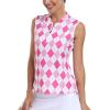 Golf Polo Shirts for Women Slim Fit Woman Sleeveless Sports Shirts Quick Dry Athletic Tank Tops for Tennis Work(Upgrade Rose Plaid)