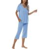 JINSHI Women’s Pajamas Set Short Sleeve Top and Capri Pants Lightweight Sleepwear Comfy Pjs Lounge Set with Pockets(Blue 2)