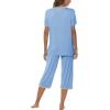 JINSHI Women’s Pajamas Set Short Sleeve Top and Capri Pants Lightweight Sleepwear Comfy Pjs Lounge Set with Pockets(Blue 2)