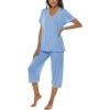 JINSHI Women’s Pajamas Set Short Sleeve Top and Capri Pants Lightweight Sleepwear Comfy Pjs Lounge Set with Pockets(Blue 2)