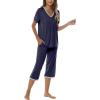 JINSHI Women’s Pajamas Set Short Sleeve Top and Capri Pants Lightweight Sleepwear Comfy Pjs Lounge Set with Pockets(Navy Blue)
