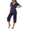 JINSHI Women’s Pajamas Set Short Sleeve Top and Capri Pants Lightweight Sleepwear Comfy Pjs Lounge Set with Pockets(Navy Blue)