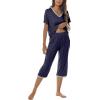 JINSHI Women’s Pajamas Set Short Sleeve Top and Capri Pants Lightweight Sleepwear Comfy Pjs Lounge Set with Pockets(Navy Blue)