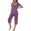 JINSHI Women’s Pajamas Set Short Sleeve Top and Capri Pants Lightweight Sleepwear Comfy Pjs Lounge Set with Pockets(Purple)