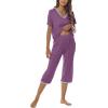 JINSHI Women’s Pajamas Set Short Sleeve Top and Capri Pants Lightweight Sleepwear Comfy Pjs Lounge Set with Pockets(Purple)