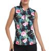 JINSHI Women’s Sleeveless Golf Shirts Tennis Shirt Quick Dry Pickleball Shirts UPF 50+ Sportswear T-Shirts with Zipper(B01-black Floral)