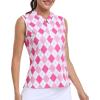 JINSHI Women’s Sleeveless Golf Shirts Tennis Shirt Quick Dry Pickleball Shirts UPF 50+ Sportswear T-Shirts with Zipper(B04-rose Pink Argyle)